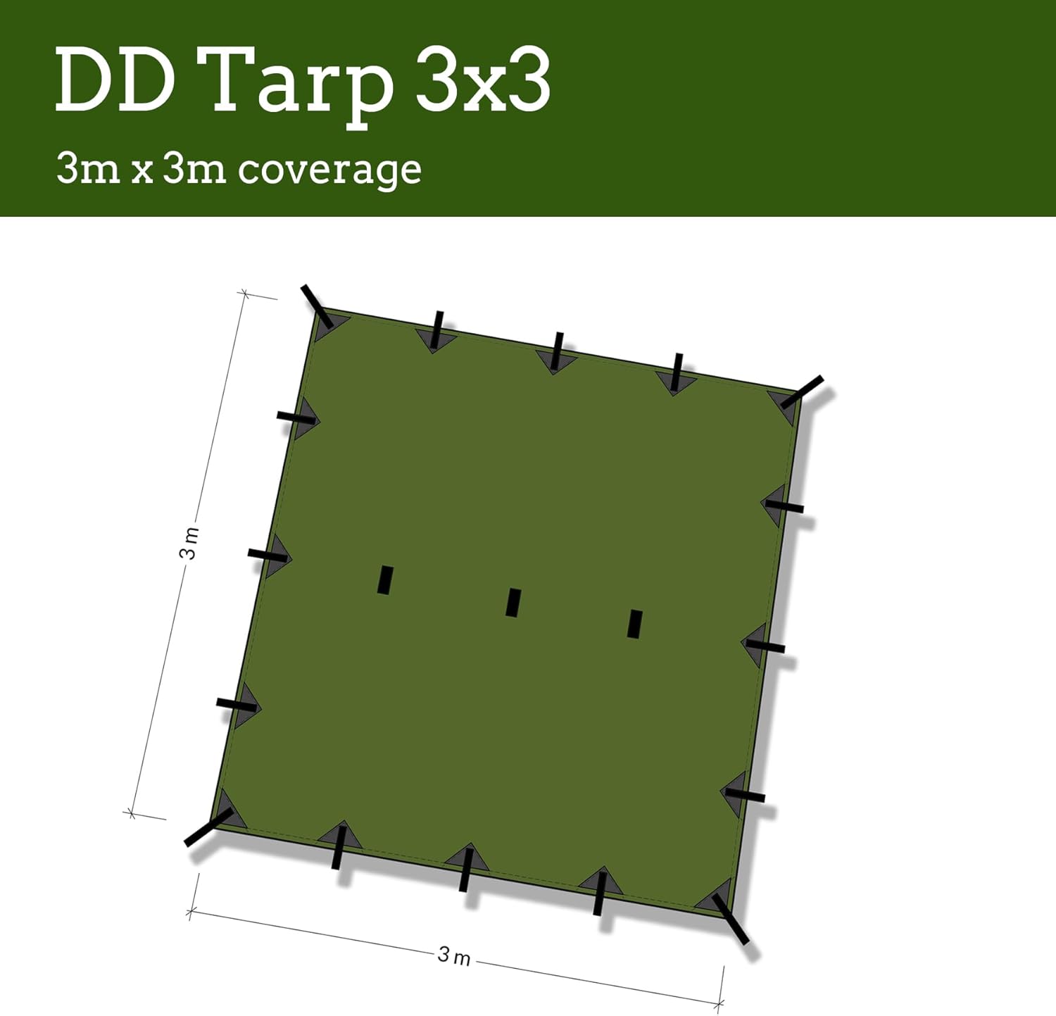 DD Hammocks Tarp 3x3 technical layout showing 3 metre by 3 metre square dimensions
