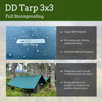 DD Hammocks Tarp 3x3 feature overview showing reinforced tie-out points and waterproof fabric details