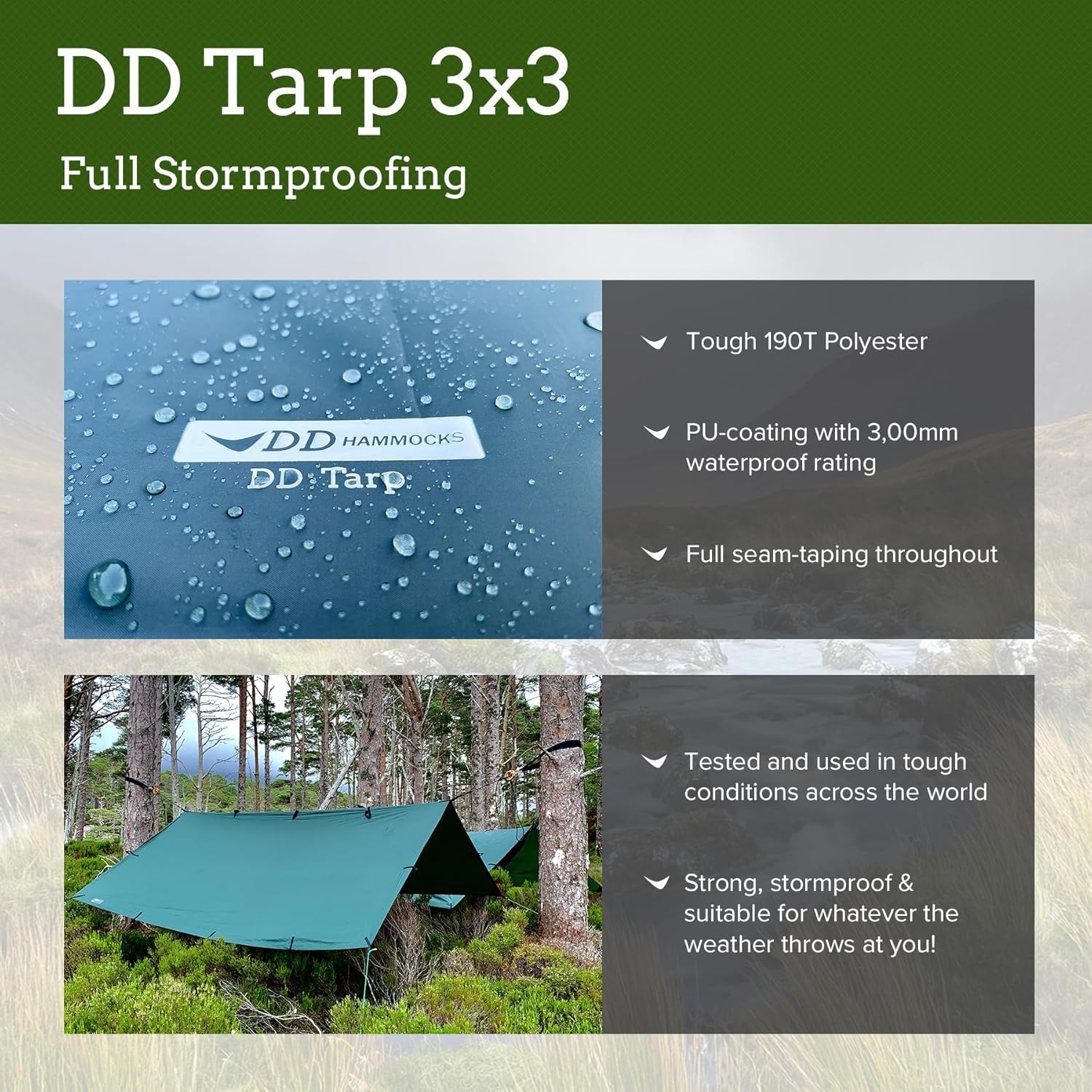 DD Hammocks Tarp 3x3 feature overview showing reinforced tie-out points and waterproof fabric details