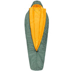 Green and orange sleeping bag with Mammut branding on a white background