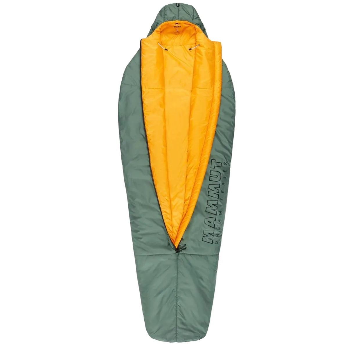 Green and orange sleeping bag with Mammut branding on a white background