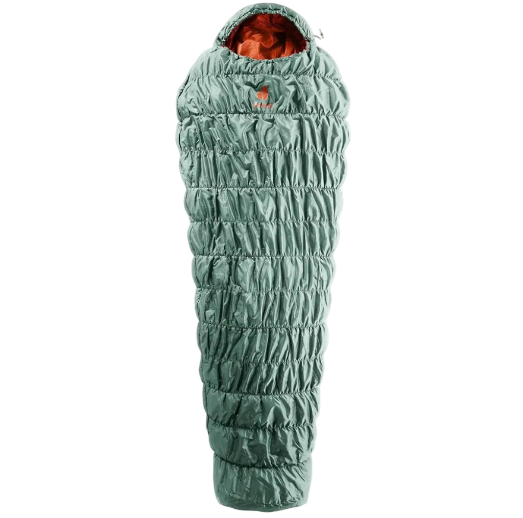Deuter Exosphere +4°C synthetic sleeping bag full front view showing stretch mummy design