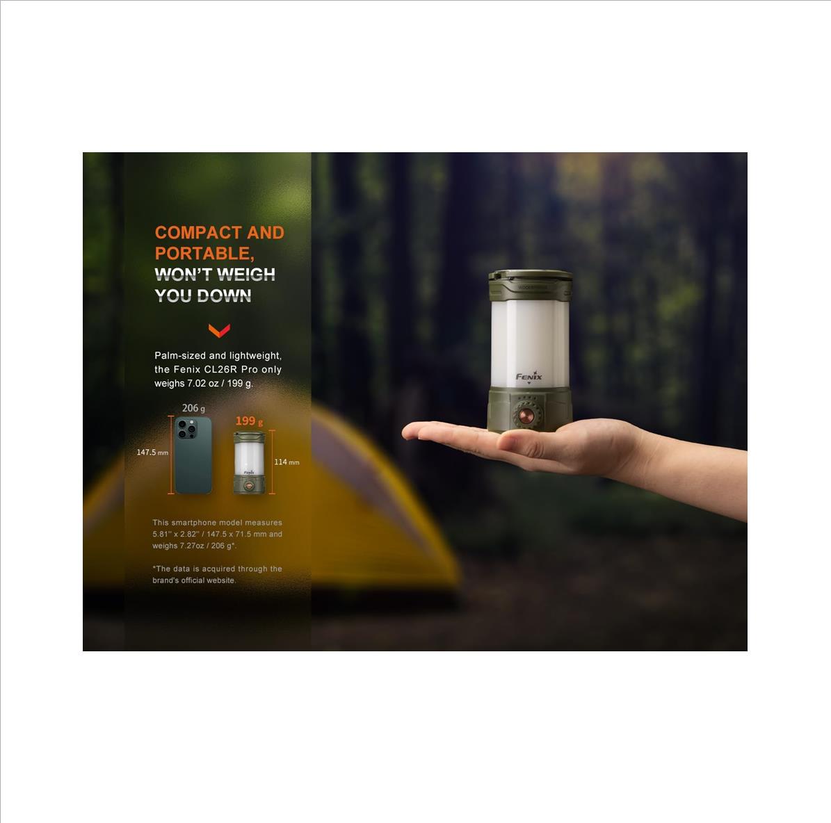 Fenix CL26R Pro camping lantern illuminating campsite at night
