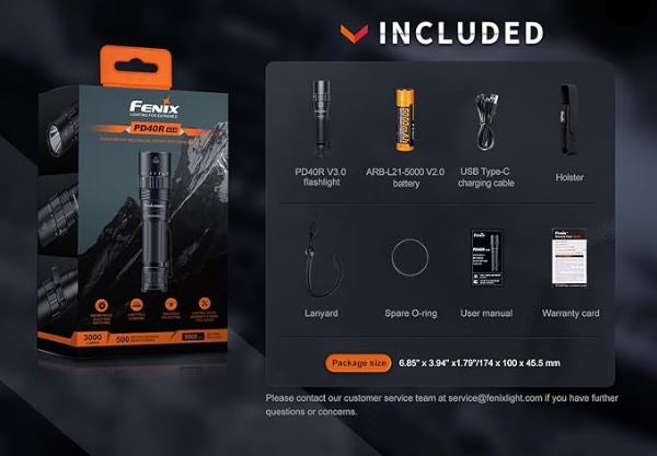 Fenix PD36R Pro 5000mAh 21700 rechargeable battery and packaging display
