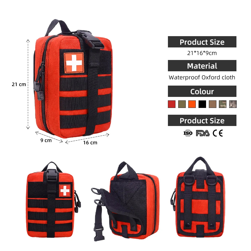 Portable red first aid kit featuring reinforced fabric material, measuring 21cm x 16cm x 9cm