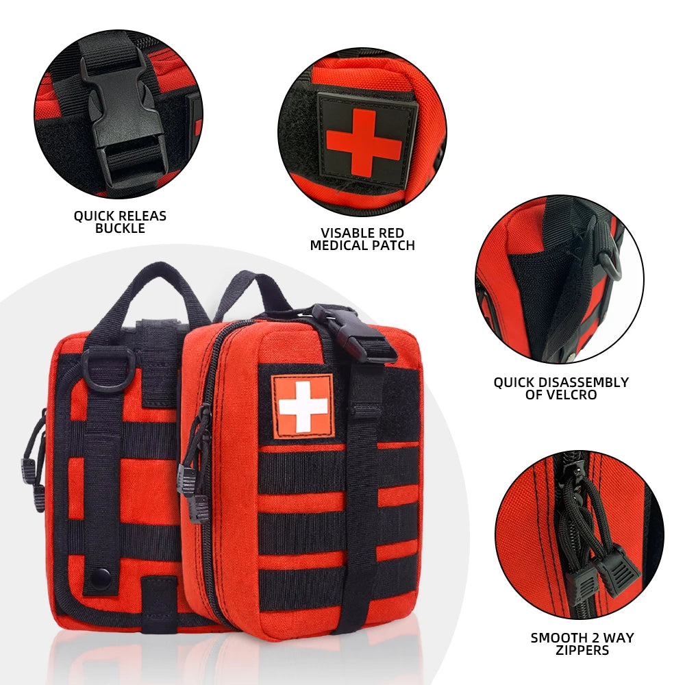 Compact red first aid kit with white cross symbol, closed and portable.