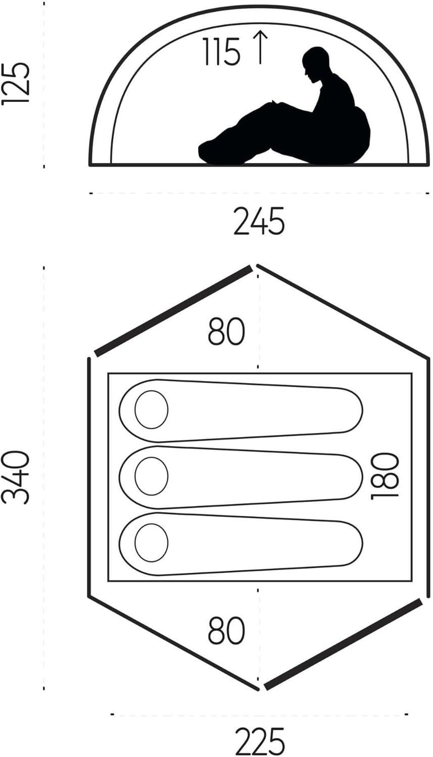 Fjällräven 53503 dome tent floor plan and profile dimensions diagram
