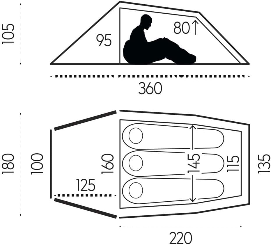 Fjällräven Abisko Lite 3 tunnel tent floor plan and side profile dimensions diagram
