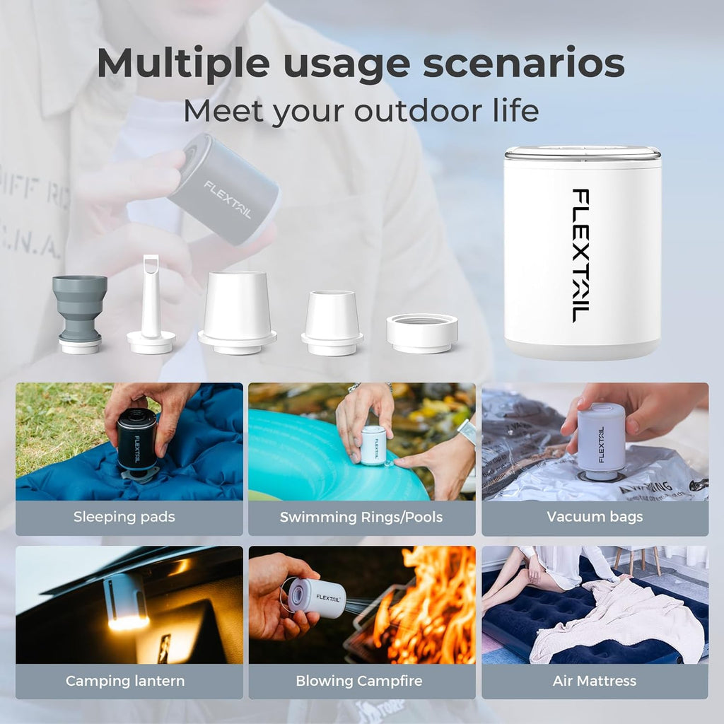 Flextail Tiny Pump 2 mini air pump multiple camping uses for sleeping pads pillows and inflatables