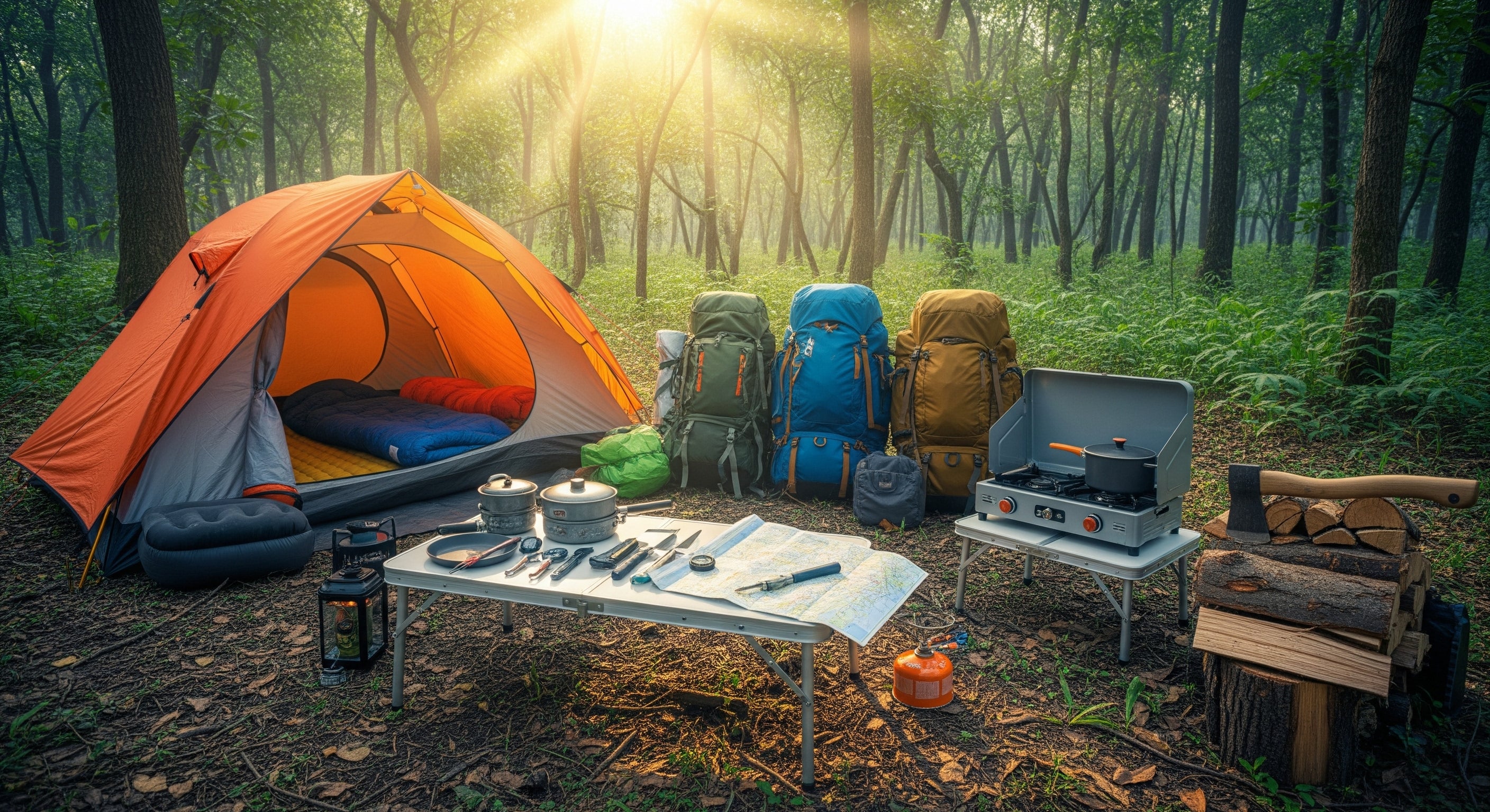 wild camping scene with orange tent, rucksacks, camping stove and gear in a forest at sunrise