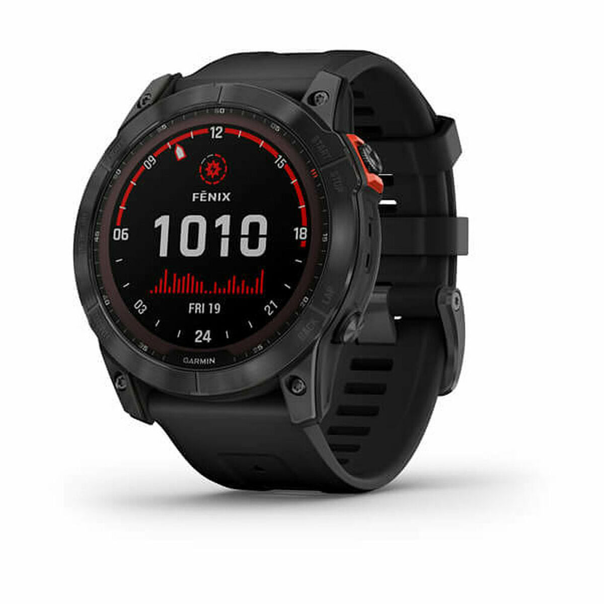 Garmin Fenix solar GPS smartwatch in black showing digital time and solar charging display
