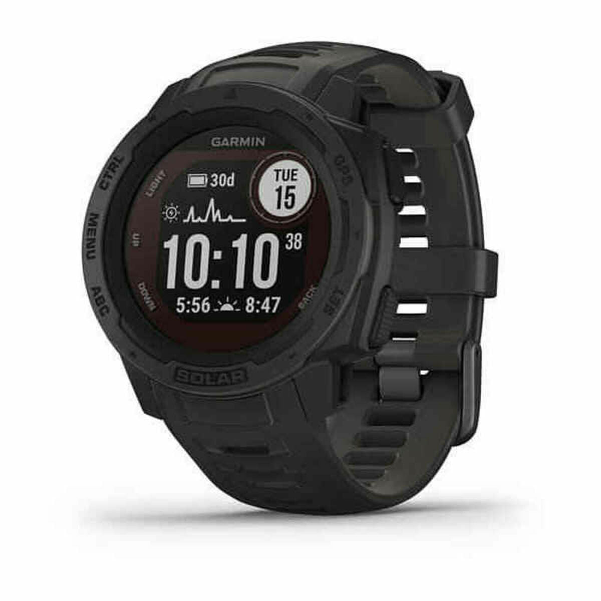 Garmin solar GPS smartwatch in black showing time date and heart rate display
