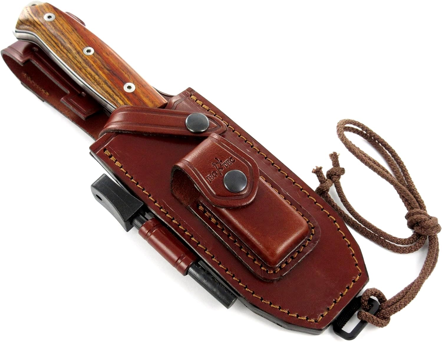 Close-up of JEO-TEC No.1 bushcraft knife blade and wooden handle detail
