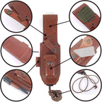 JEO-TEC No.1 bushcraft knife leather sheath showing fire starter and sharpening stone
