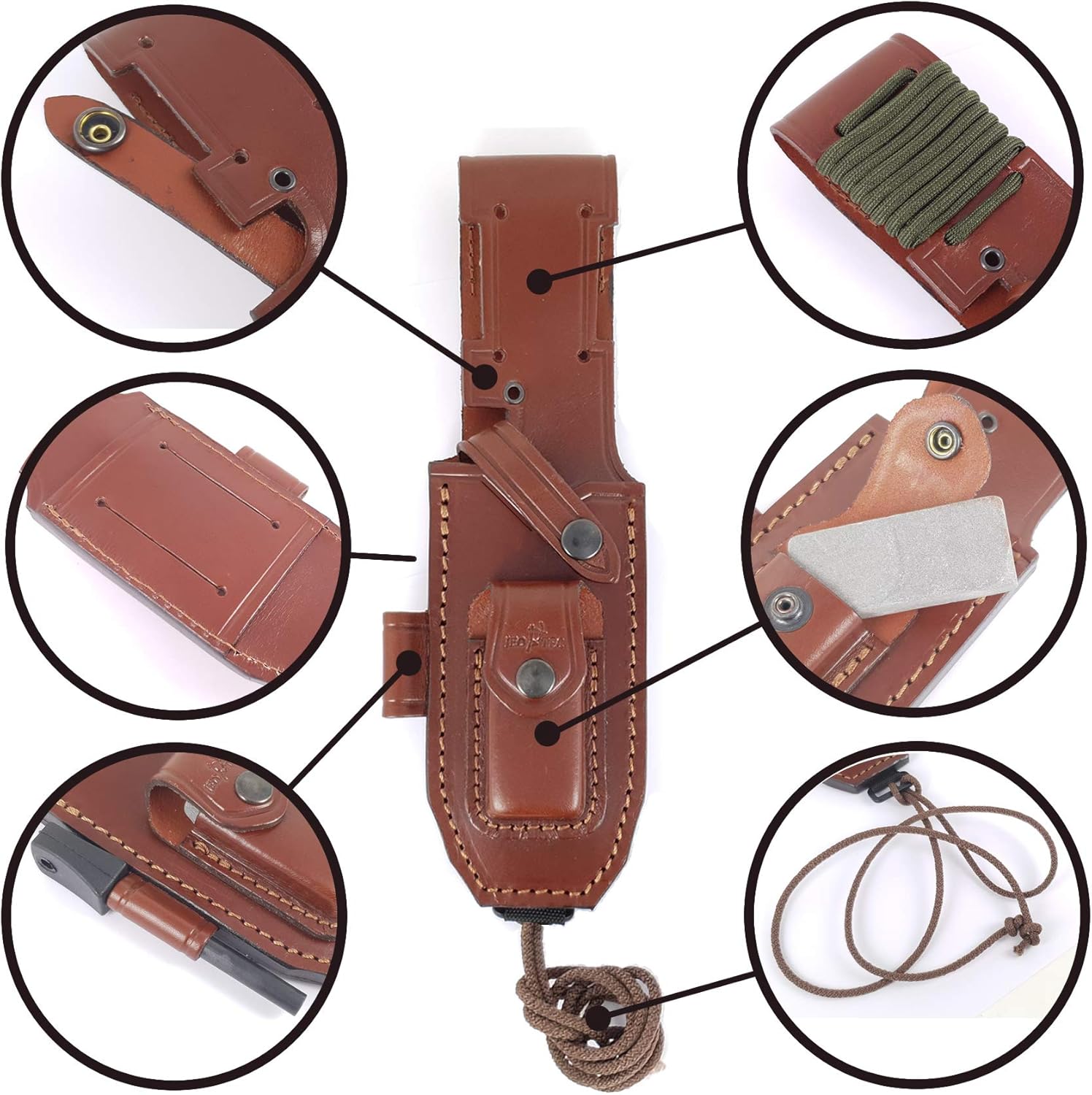 JEO-TEC No.1 bushcraft knife leather sheath showing fire starter and sharpening stone
