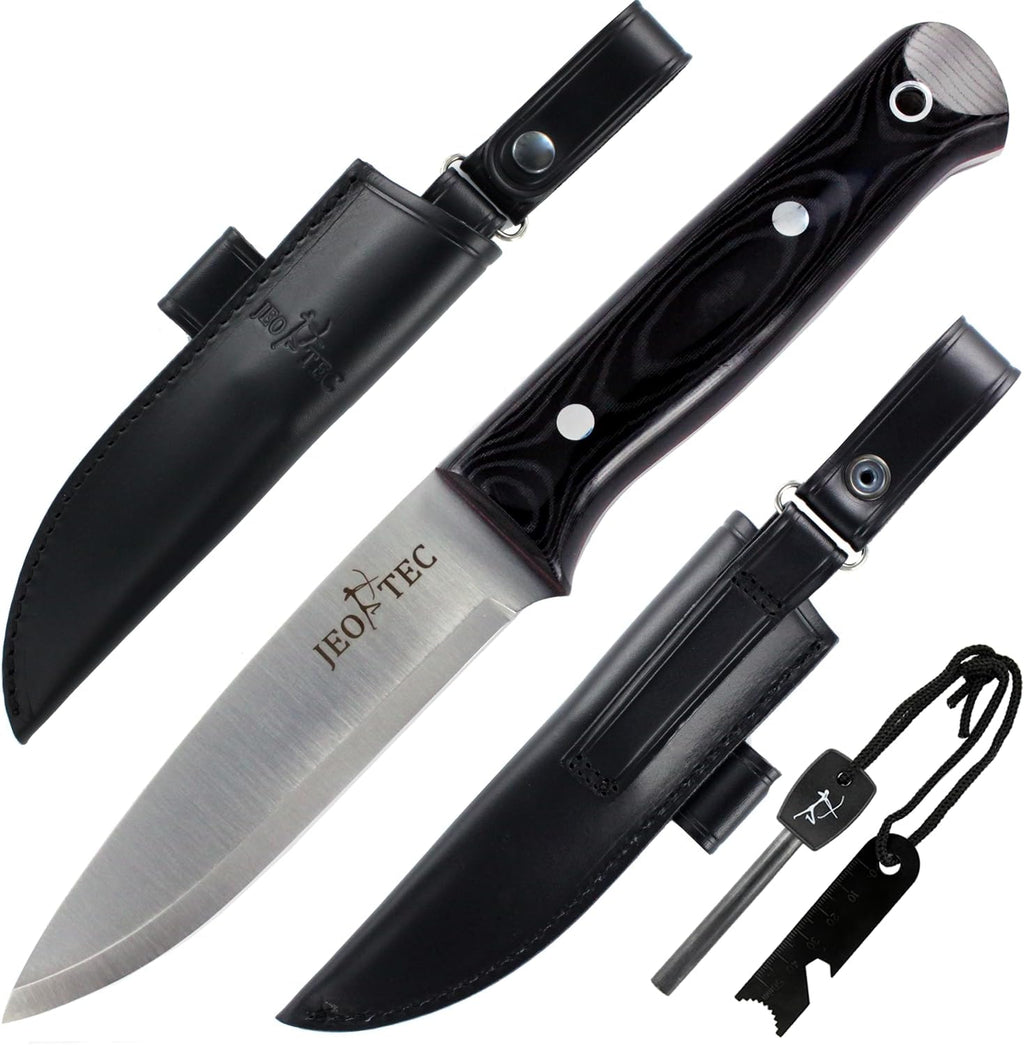 JEO-TEC No.18 bushcraft knife with full tang blade, leather sheath, and fire starter kit
