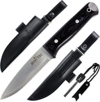 JEO-TEC No.18 bushcraft knife with full tang blade, leather sheath, and fire starter kit
