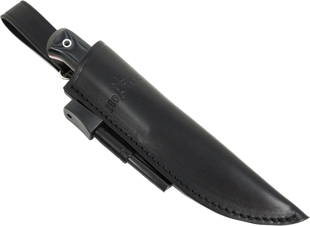 Side view of JEO-TEC No.18 bushcraft knife in leather sheath showing profile and fit
