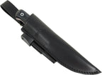Side view of JEO-TEC No.18 bushcraft knife in leather sheath showing profile and fit
