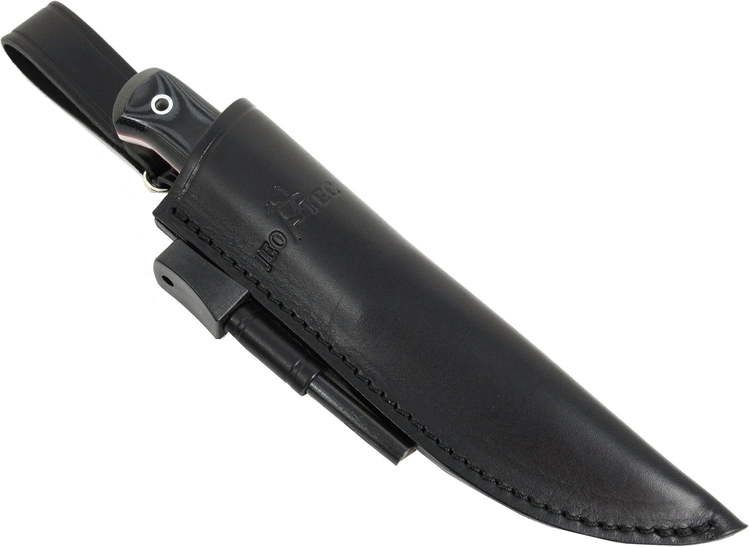 Side view of JEO-TEC No.18 bushcraft knife in leather sheath showing profile and fit
