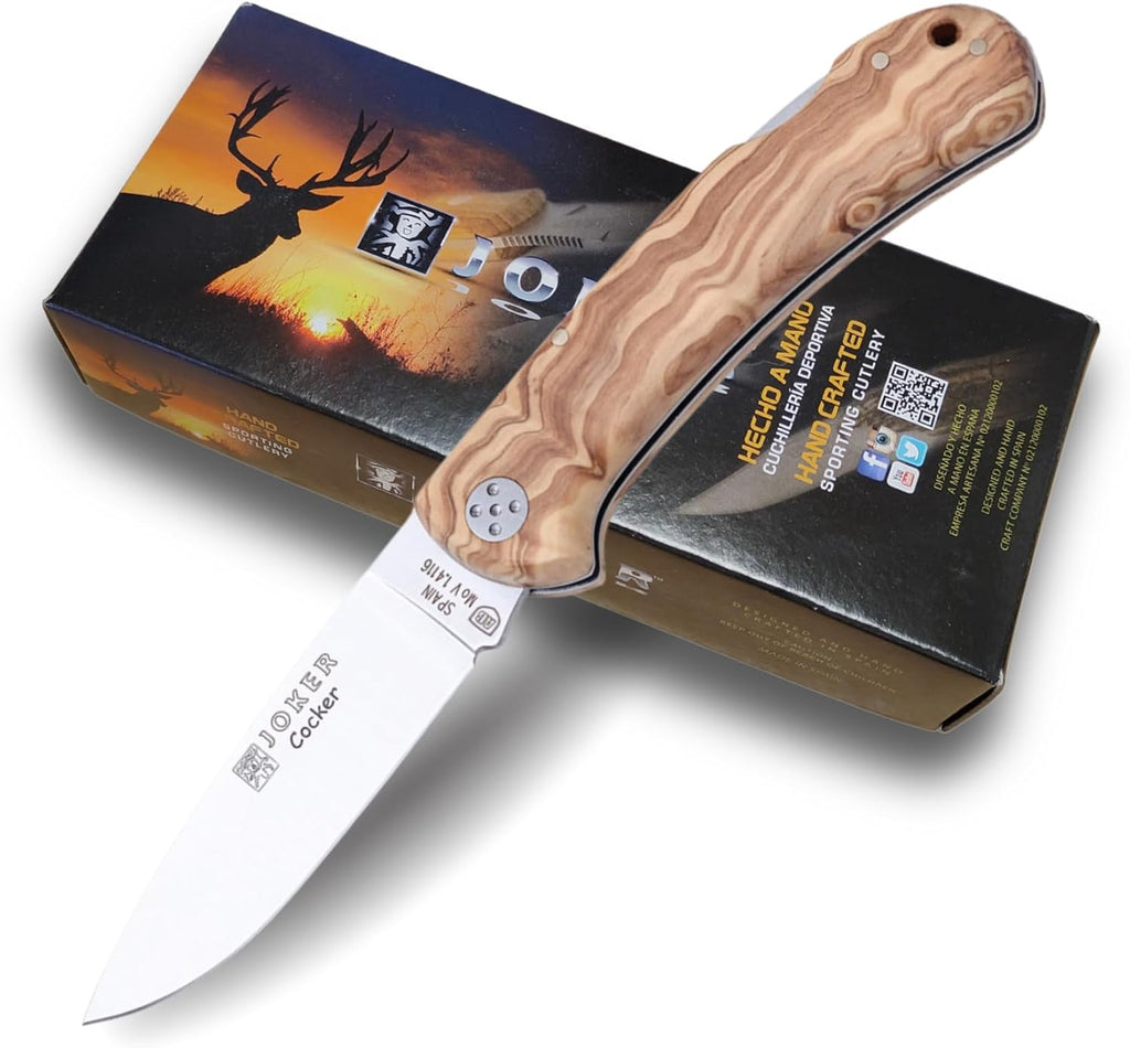 Joker Cocker folding knife with olive wood handle shown with original box made in Spain
