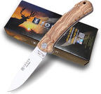 Joker Cocker folding knife with olive wood handle shown with original box made in Spain
