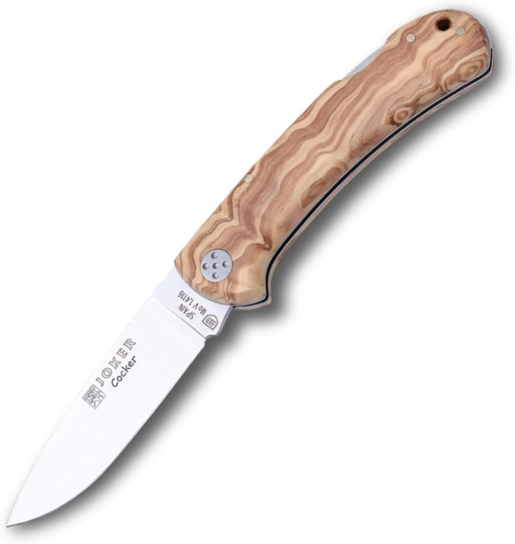 Joker Cocker folding knife showing olive wood handle and stainless steel blade
