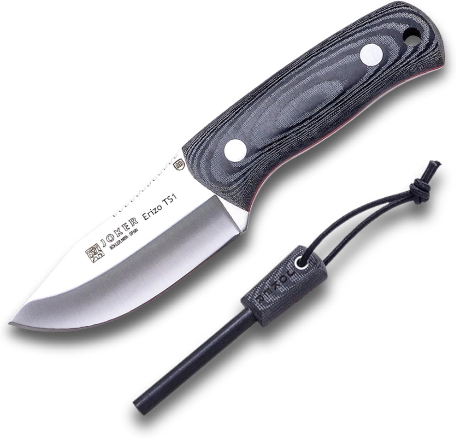 Fixed blade knife with fire starter on a white background