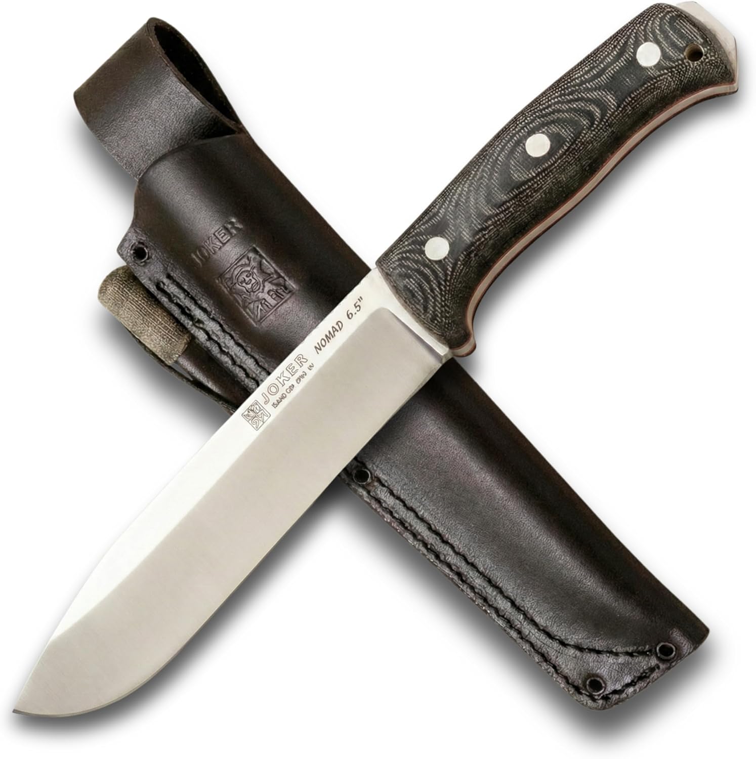 Joker NA90 bushcraft knife with full tang blade and leather sheath made in Spain
