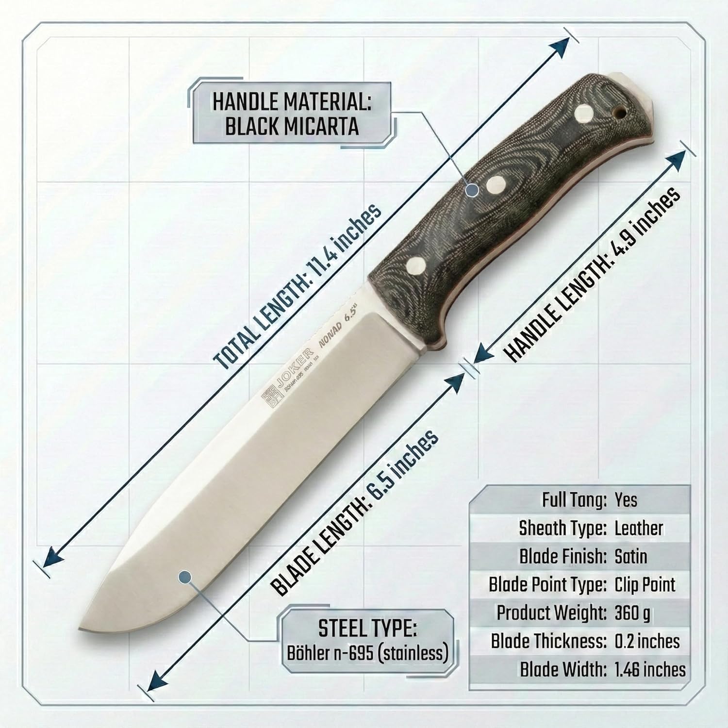 Joker NA90 bushcraft knife specification card showing blade and dimensions
