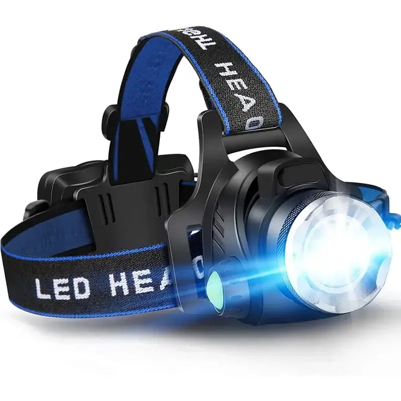 led rechargeable headlamp with adjustable strap and bright front beam
