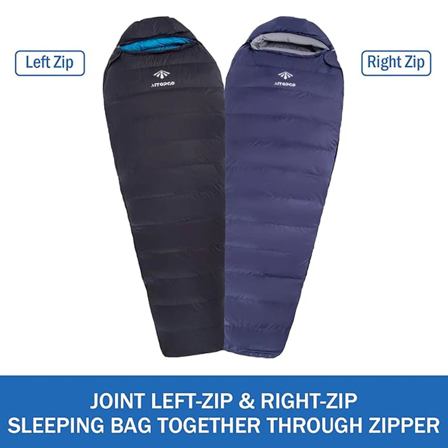 two sleeping bags with left and right zips shown joined together for double sleeping

