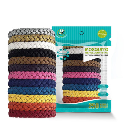 pack of multicoloured braided mosquito repellent wristbands with 250 hours of natural protection

