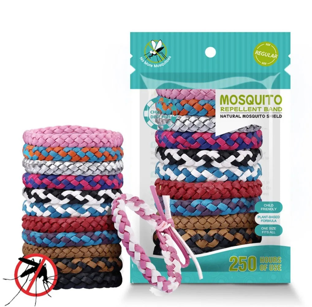 mixed pack of braided mosquito repellent bands in assorted colours with anti-mosquito icon and 250 hours label


