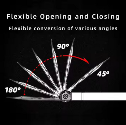 diagram showing multi shovel blade rotating between 45, 90, and 180 degree positions for adjustable use