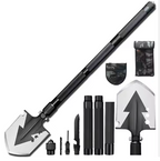 Full view of multi-tool survival shovel kit with modular handle, tactical blade, screwdriver heads, and carrying pouches