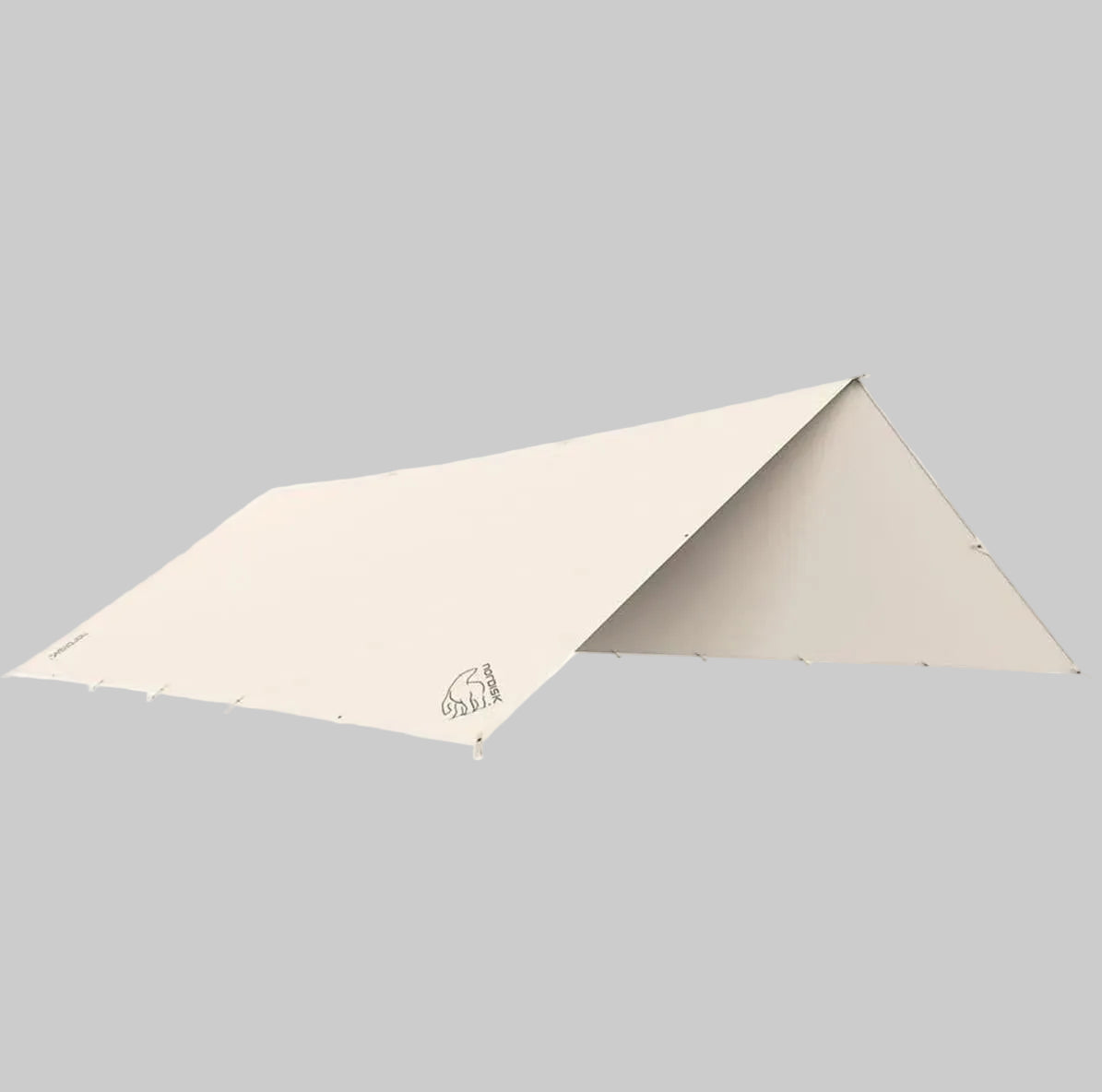 Nordisk Kari 20 technical cotton tarp 20 square metre camping shelter in sand colour isolated on white background