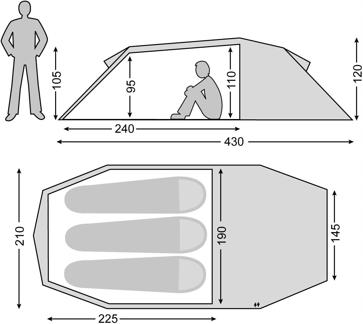 Nordisk OPPLAND 3 LW tunnel tent dimensions and layout diagram
