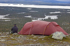 Nordisk OPPLAND 3 LW tunnel tent pitched in exposed outdoor terrain
