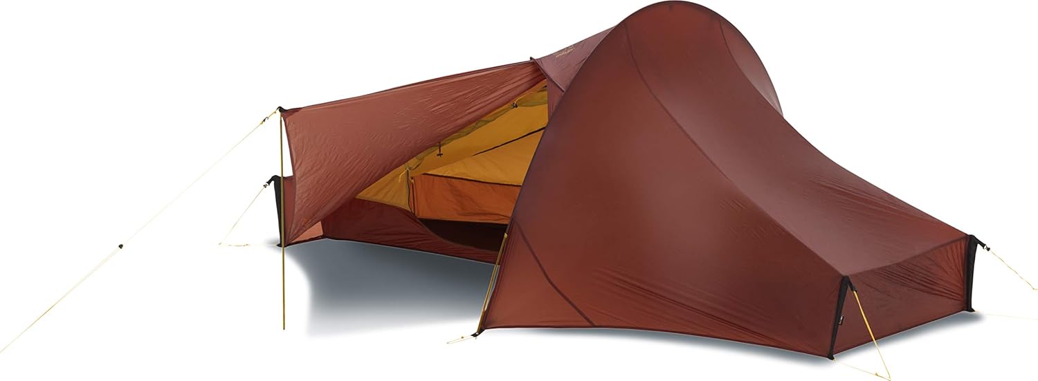 Nordisk Telemark 1 LW ultralight 1 person tent in burnt red pitched with front vestibule open
