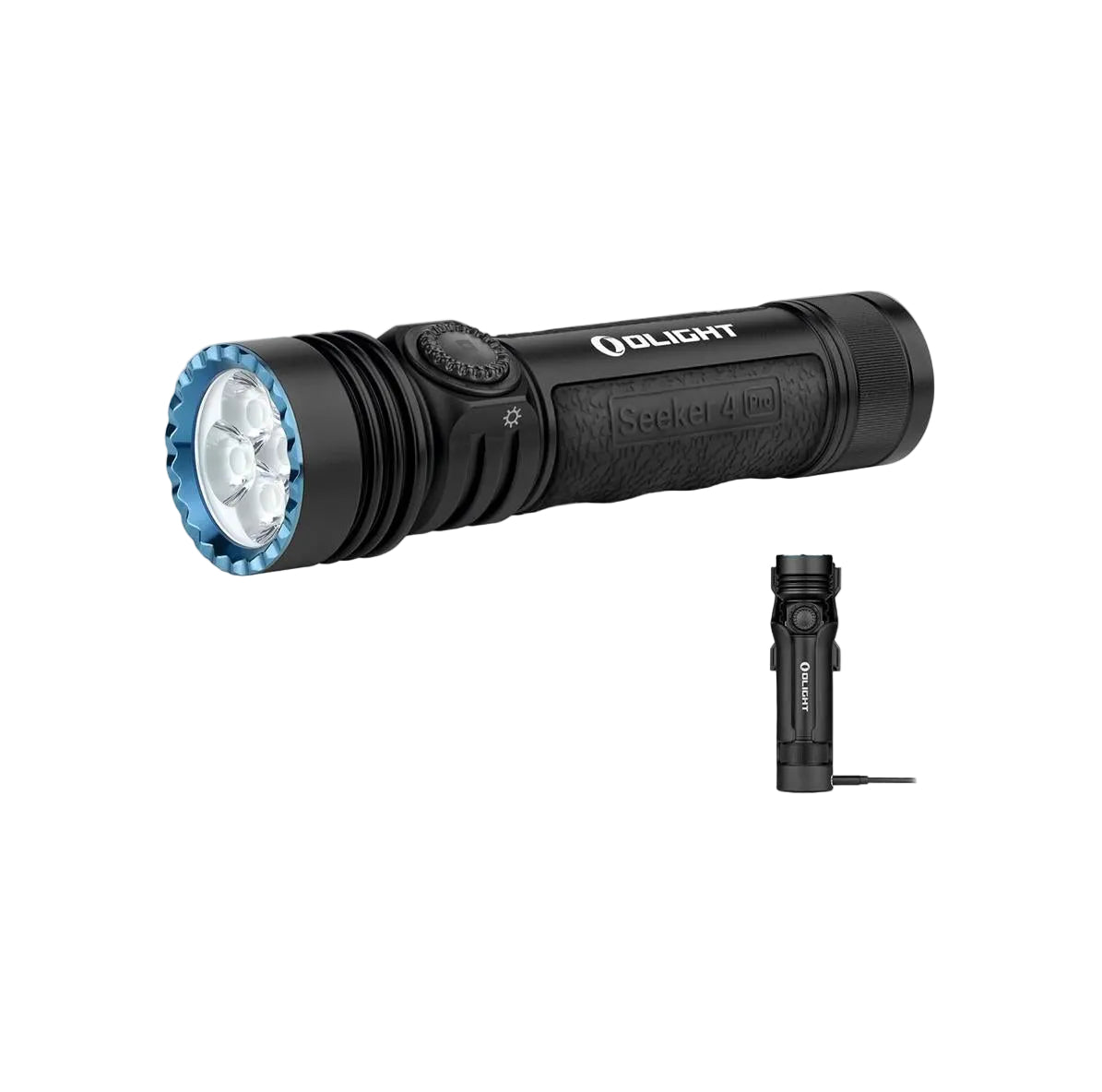OLIGHT Seeker 4 Pro 4600 lumen rechargeable flashlight in black front view
