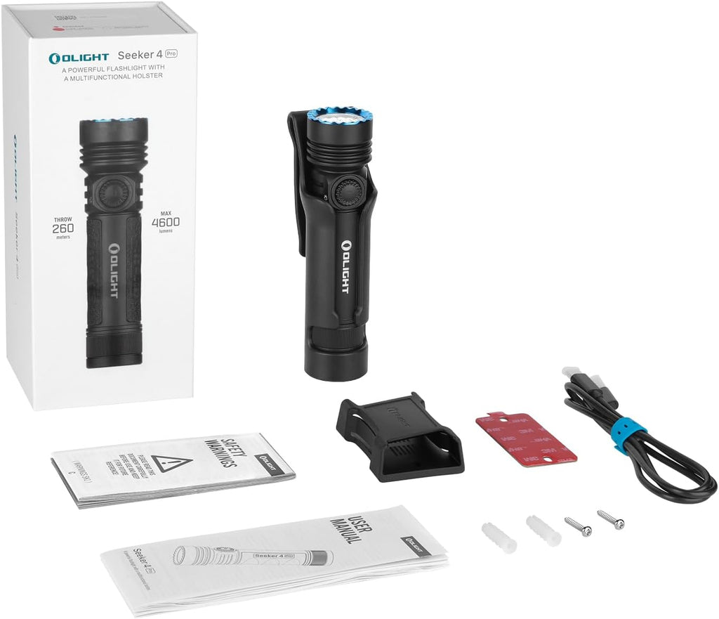 OLIGHT Seeker 4 Pro magnetic charging dock and included accessories
