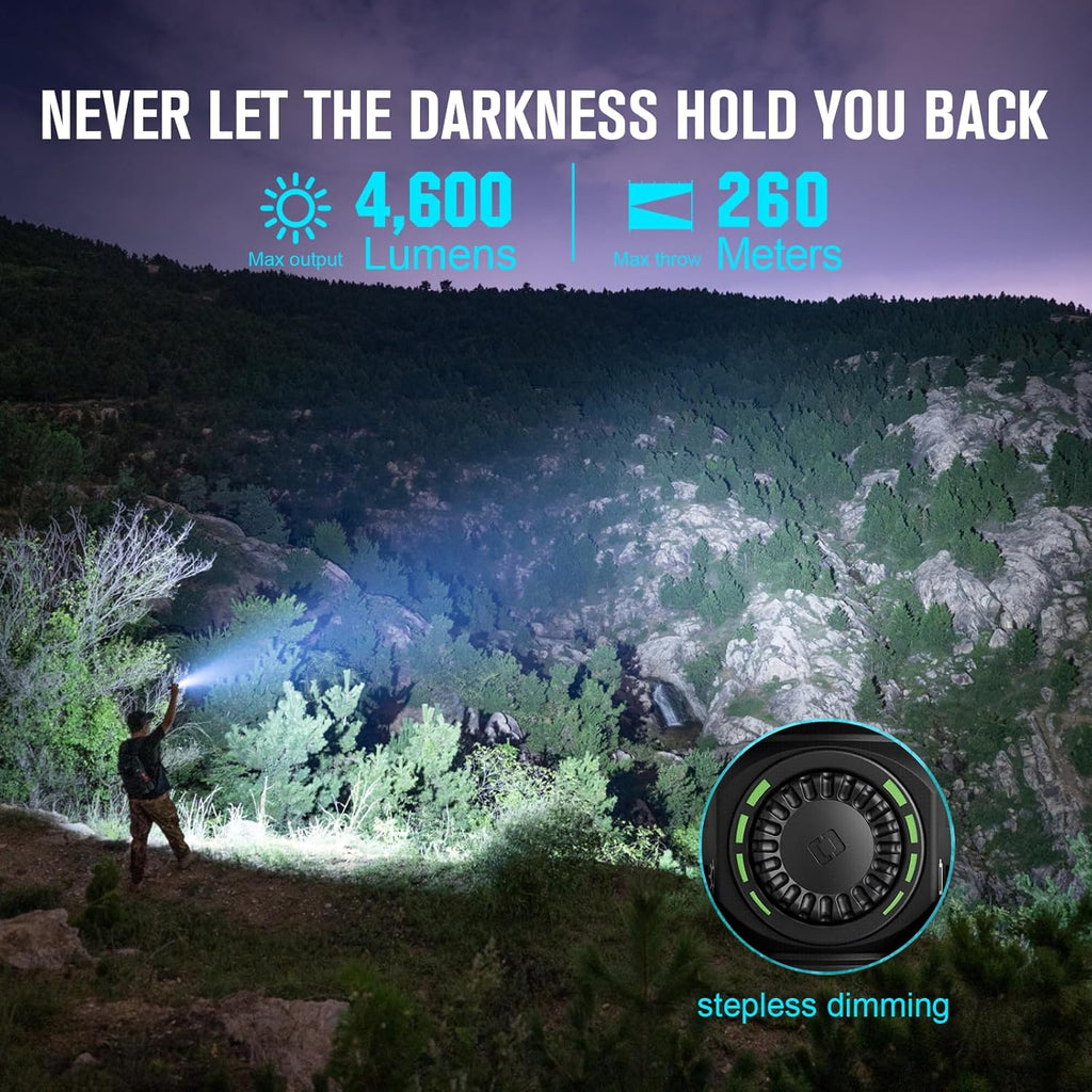 OLIGHT Seeker 4 Pro used outdoors at night for long range illumination
