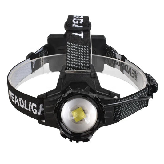front-facing view of rechargeable LED head torch with adjustable elastic strap

