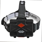 rear view of rechargeable LED head torch showing red safety light and battery pack

