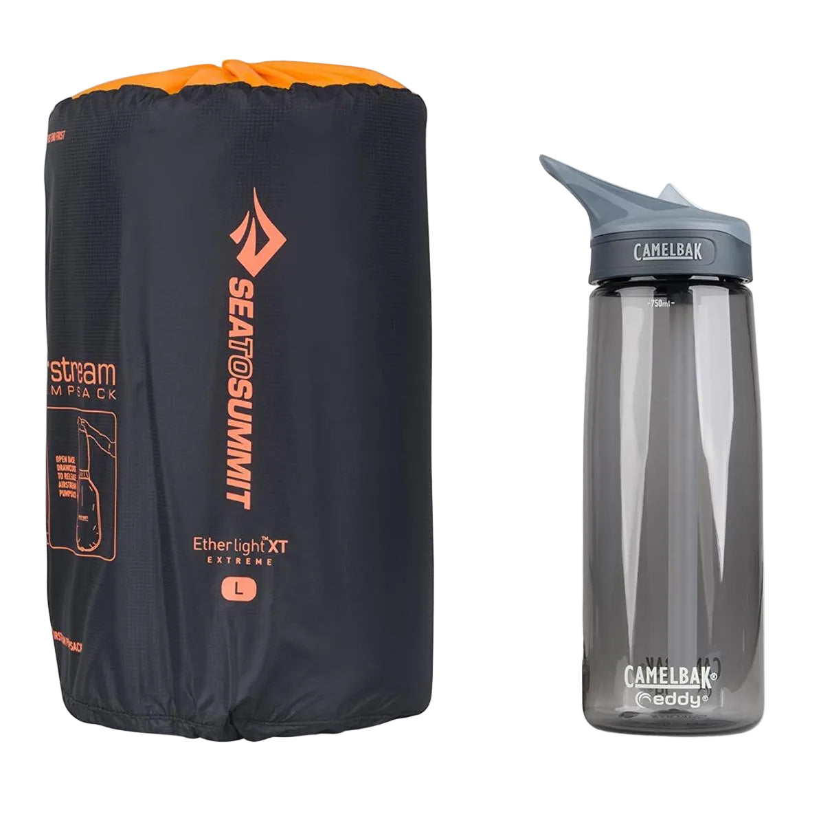 Packed Sea to Summit Ether Light XT Extreme sleeping mat with pump sack and water bottle