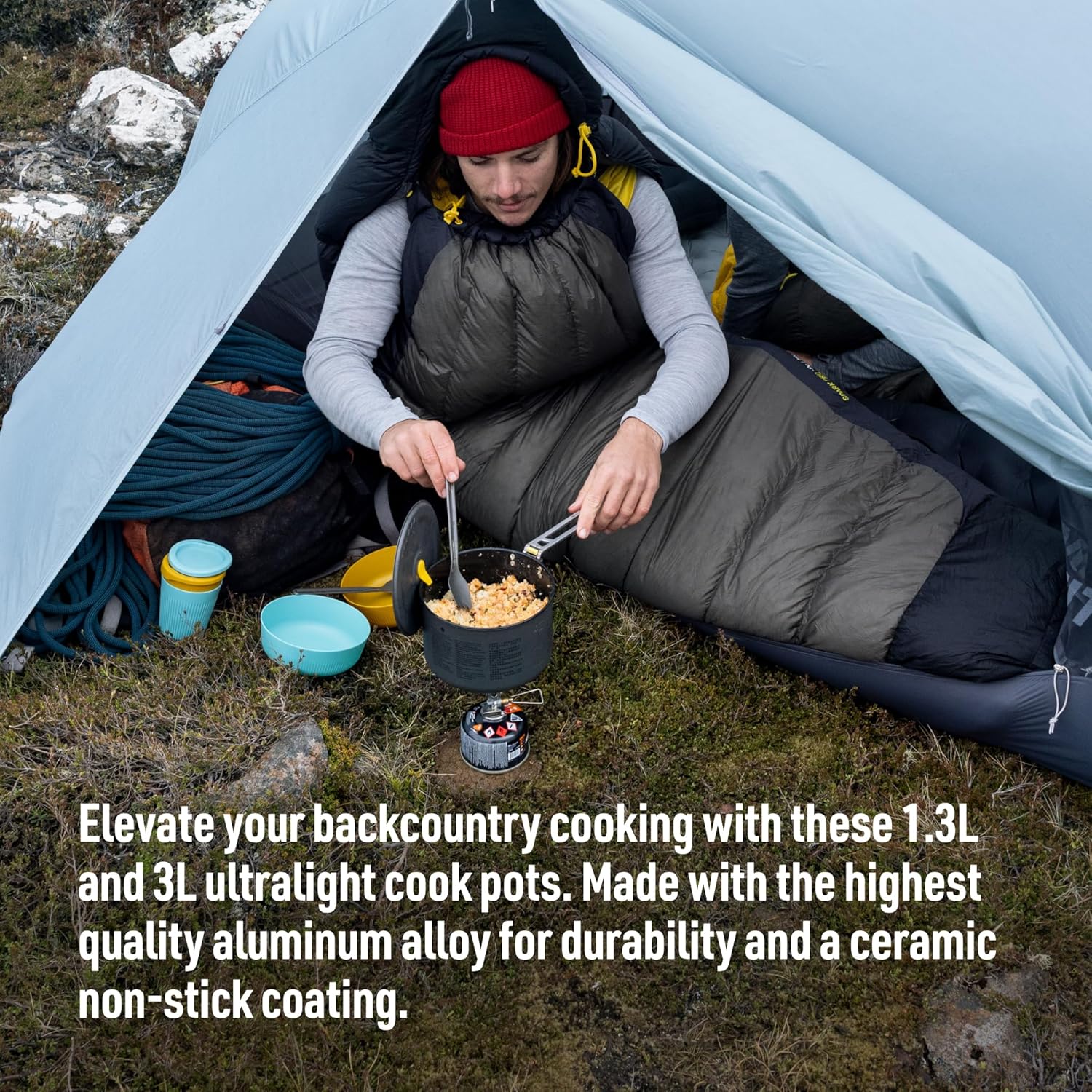 sea to summit frontier ultralight pot set being used at a campsite for outdoor cooking