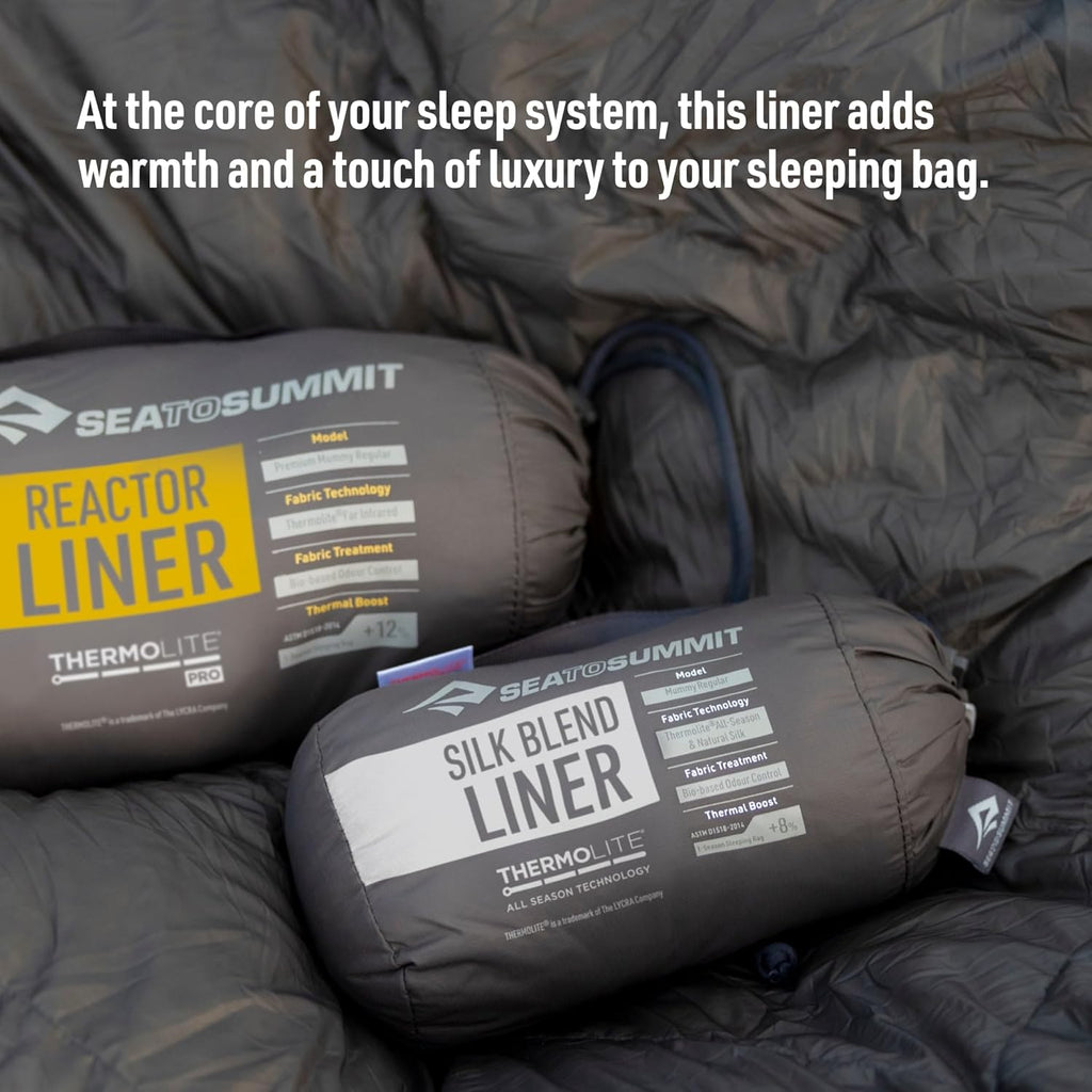 Sea to Summit Silk Blend Thermolite mummy sleeping bag liner size and specifications chart