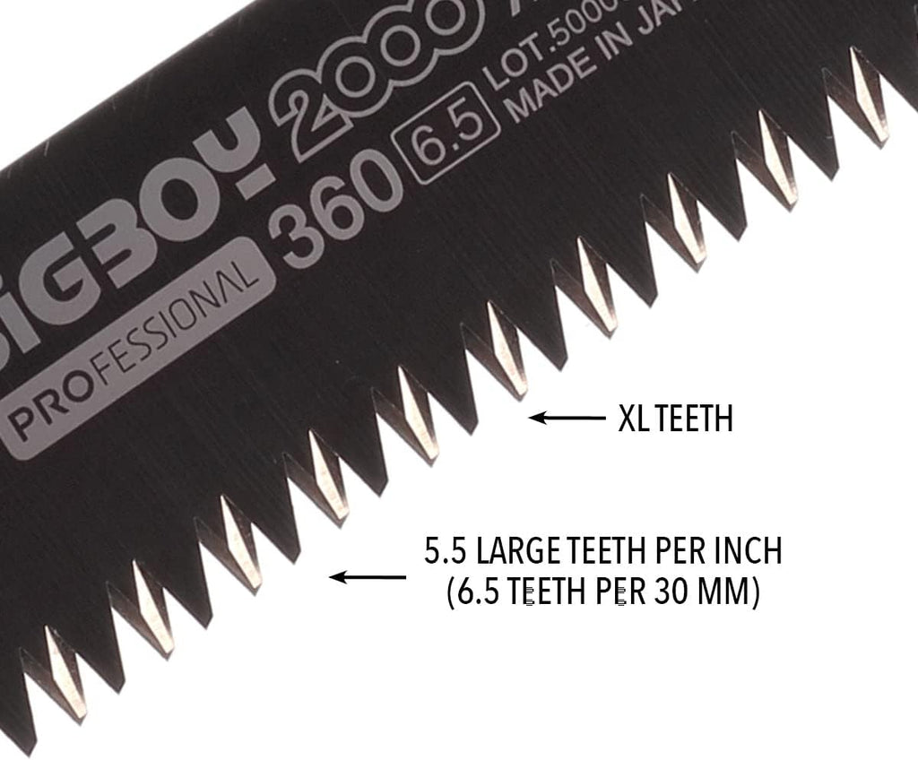 Close-up of Silky BigBoy 360mm curved blade and hardened teeth
