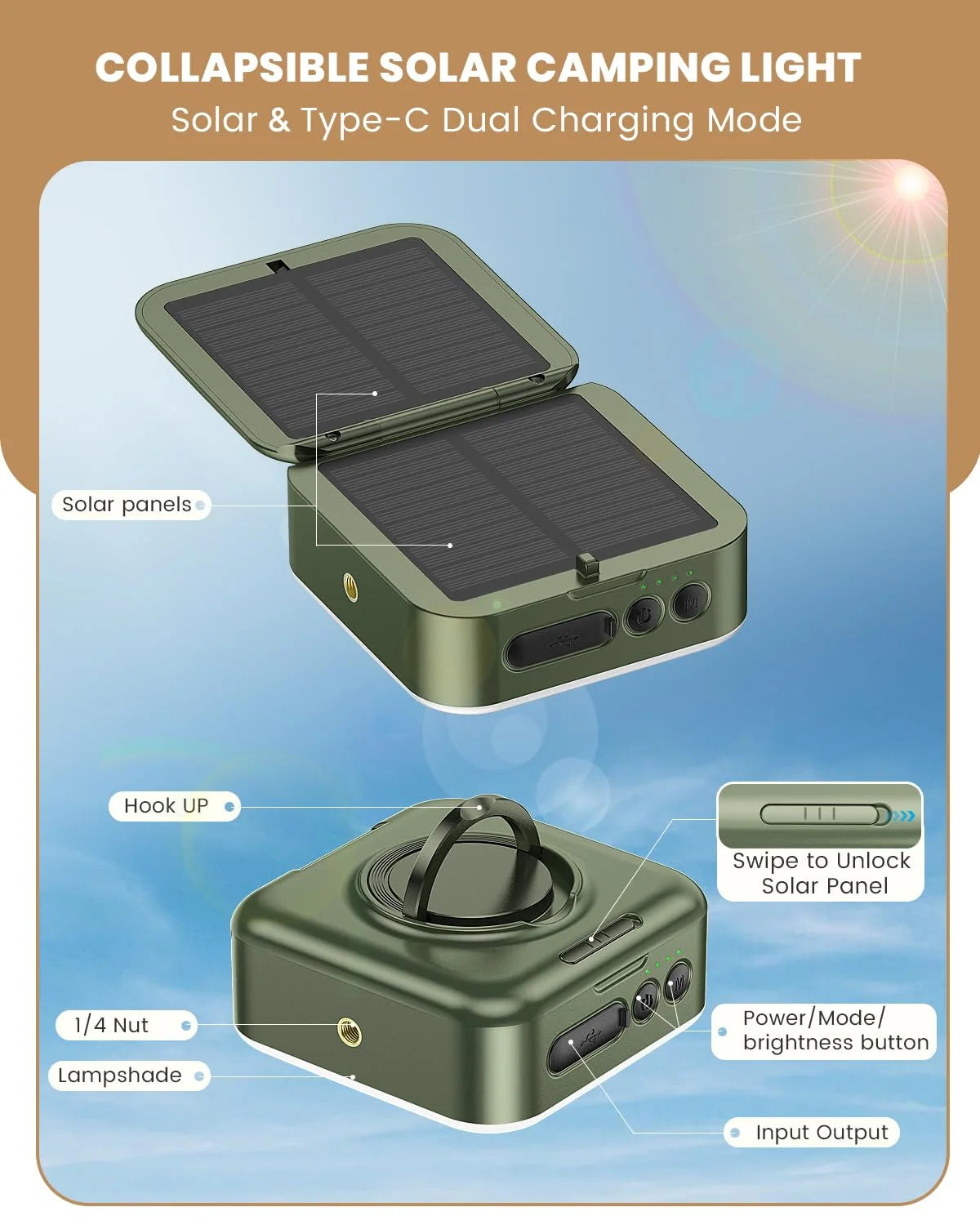 collapsible solar camping lantern showing dual charging ports, hook, solar panels and brightness control